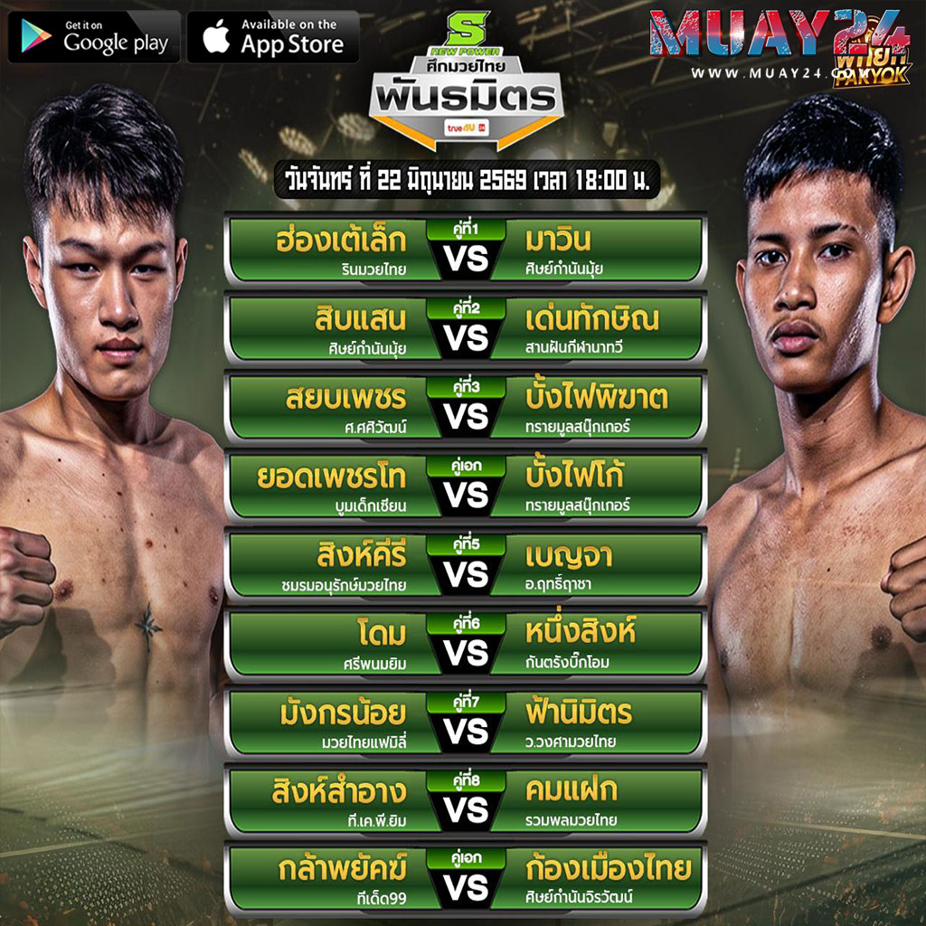 โปรแกรมมวย 22 มิถุนายน 2569 ศึกมวยไทยพันธมิตร