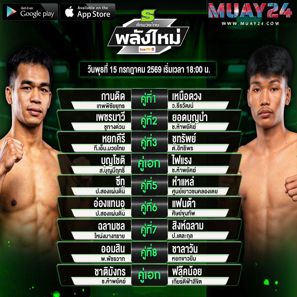 โปรแกรมมวย 15 กรกฎาคม 2569 ศึกมวยไทยพลังใหม่