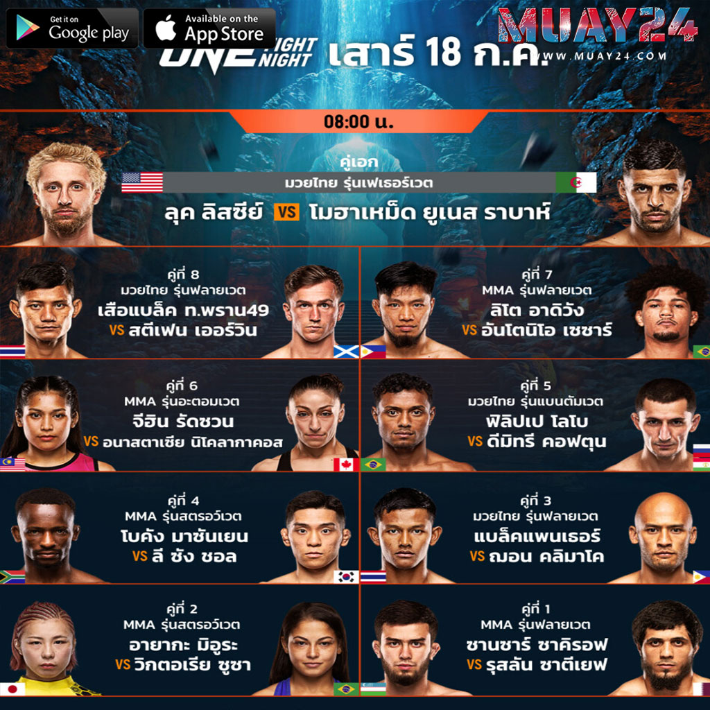 โปรแกรมมวย 18 กรกฎาคม 2569 ศึก ONE Fight Night 45