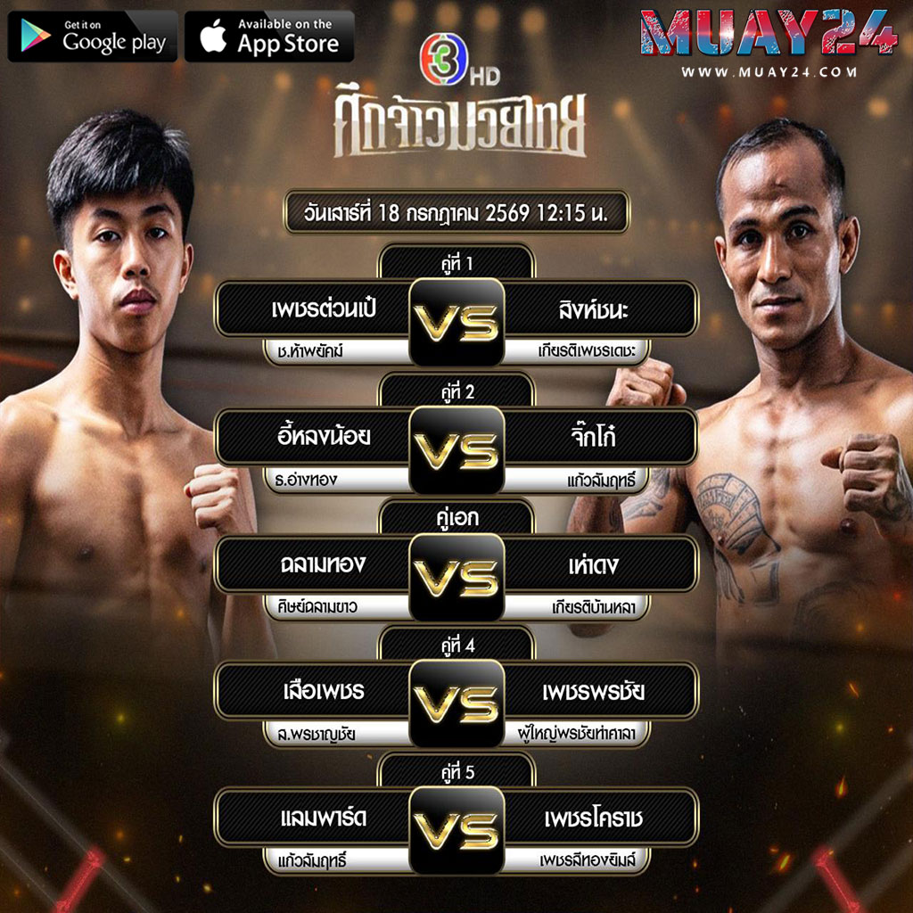 โปรแกรมมวย 18 กรกฎาคม 2569 ศึกจ้าวมวยไทย