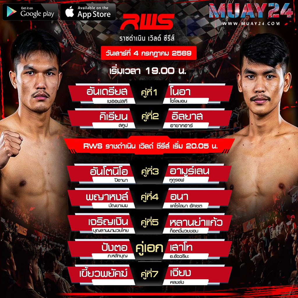 โปรแกรมมวย 4 กรกฎาคม 2569 ศึกมวย RWS
