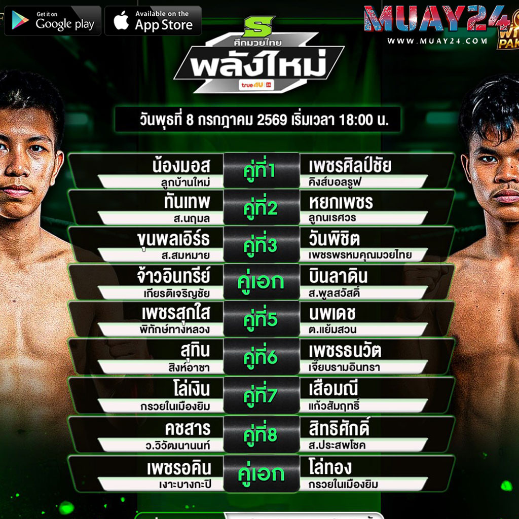 โปรแกรมมวย 8 กรกฎาคม 2569 ศึกมวยไทยพลังใหม่