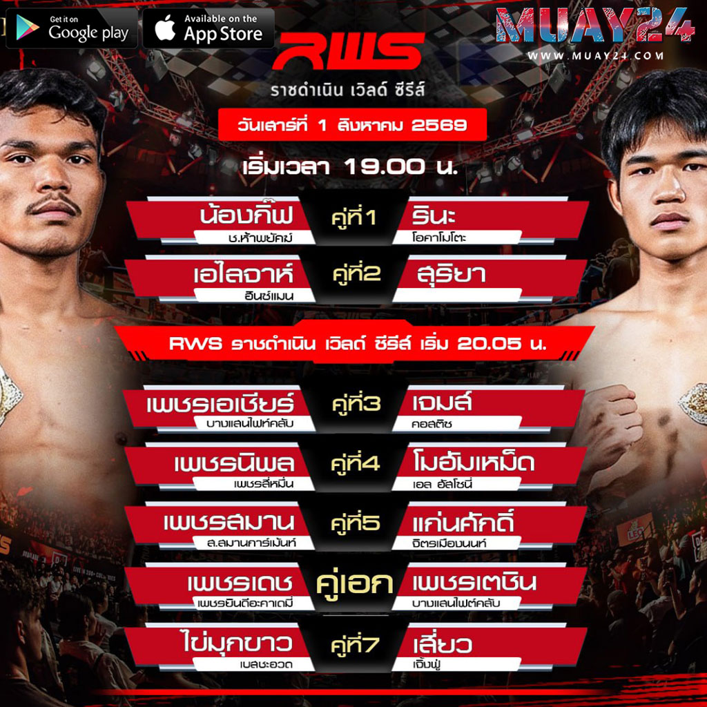 โปรแกรมมวย 1 สิงหาคม 2569 ศึกมวย RWS