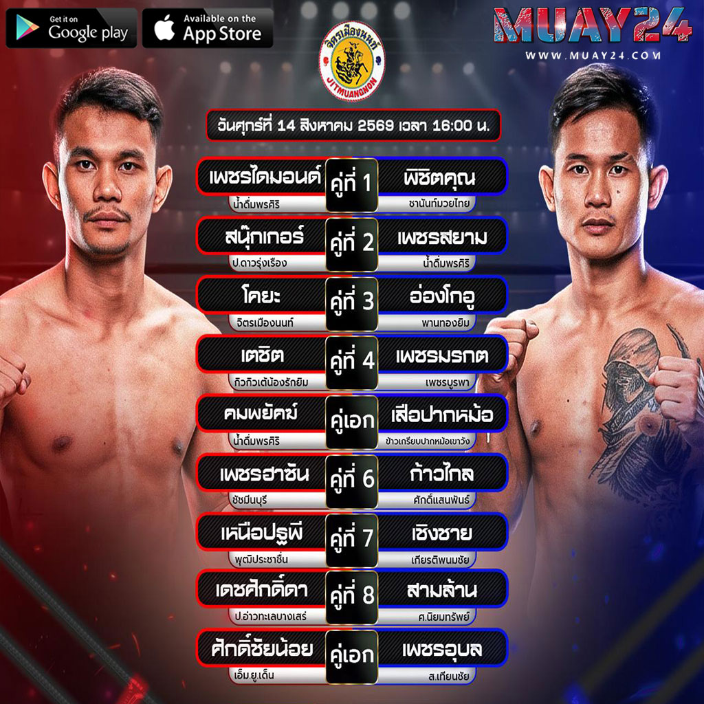 โปรแกรมมวย 14 สิงหาคม 2569 ศึกจิตรเมืองนนท์