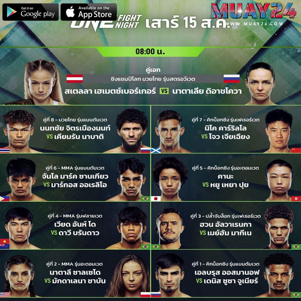 โปรแกรมมวย 15 สิงหาคม 2569 ศึก ONE Fight Night 46