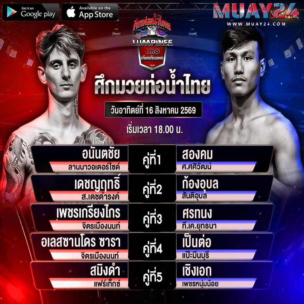 โปรแกรมมวย 16 สิงหาคม 2569 ศึกท่อน้ำไทย