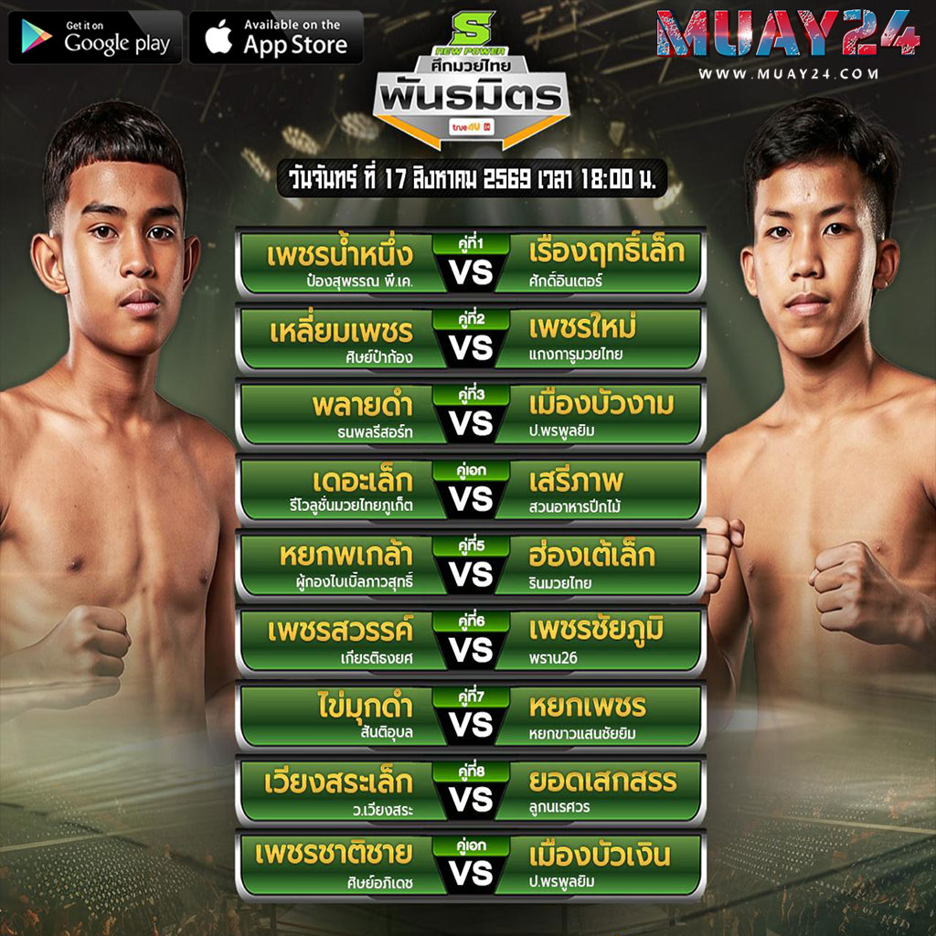 โปรแกรมมวย 17 สิงหาคม 2569 ศึกมวยไทยพันธมิตร