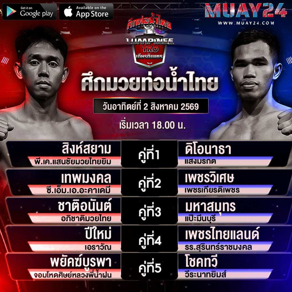 โปรแกรมมวย 2 สิงหาคม 2569 ศึกท่อน้ำไทย