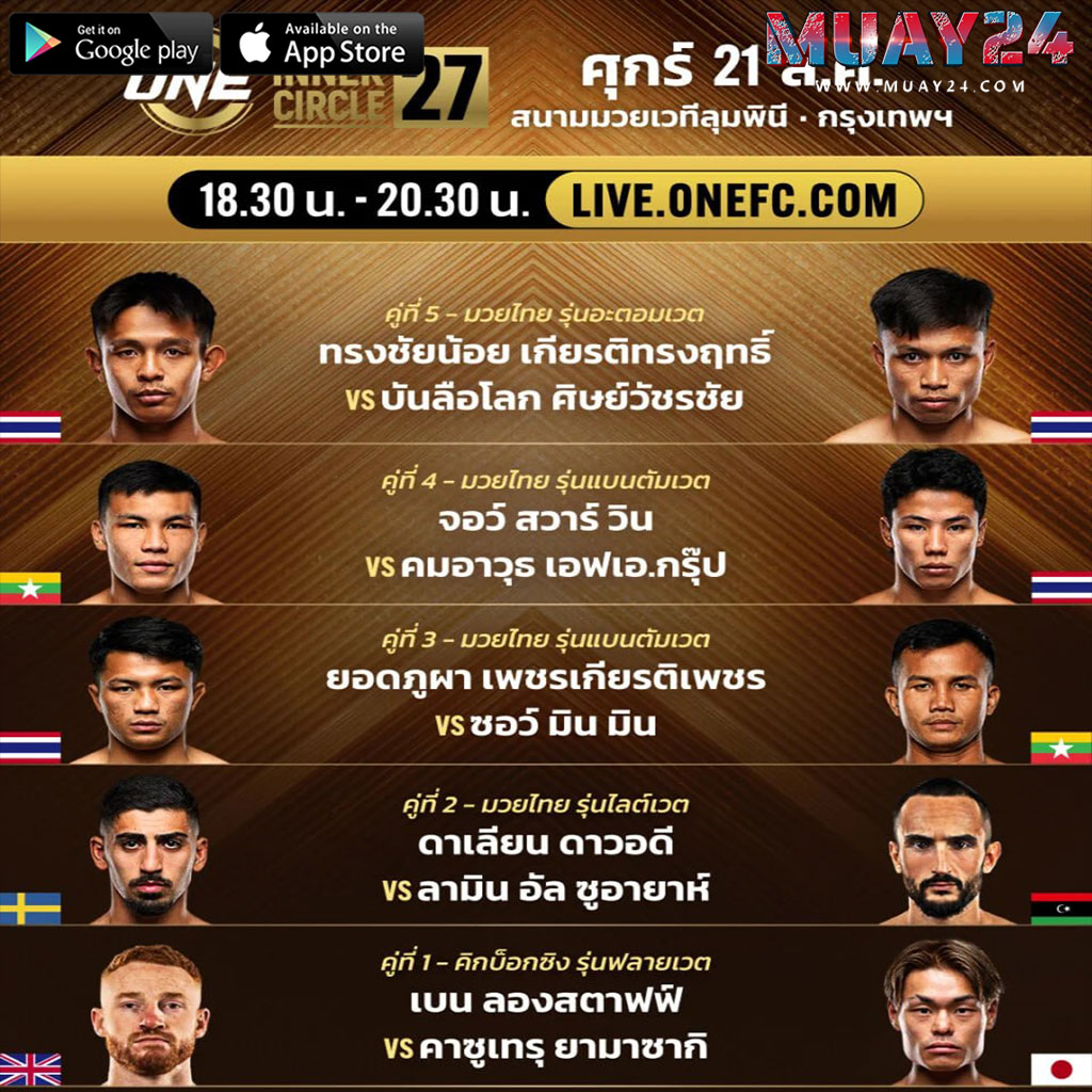 โปรแกรมมวย 21 สิงหาคม 2569 The Inner Circle 27