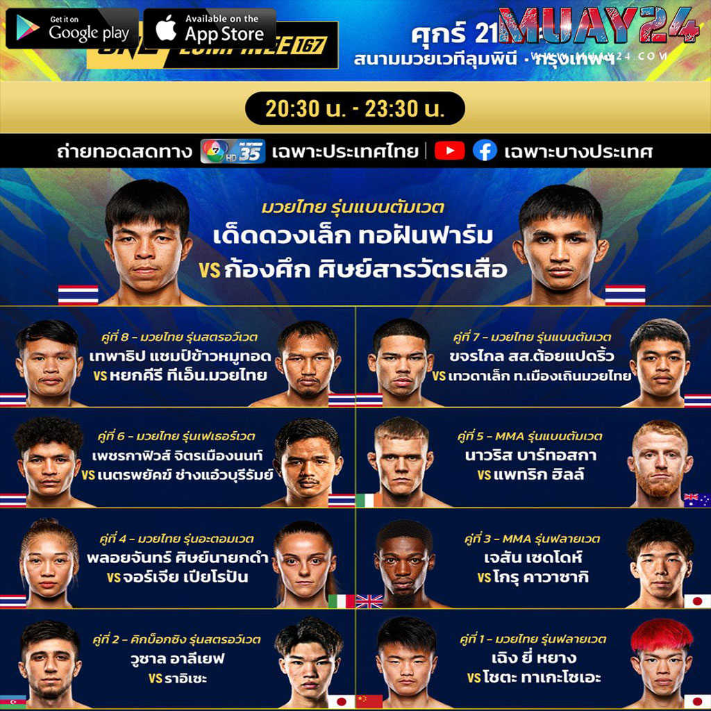 โปรแกรมมวย 21 สิงหาคม 2569 ศึก ONE ลุมพินี 167