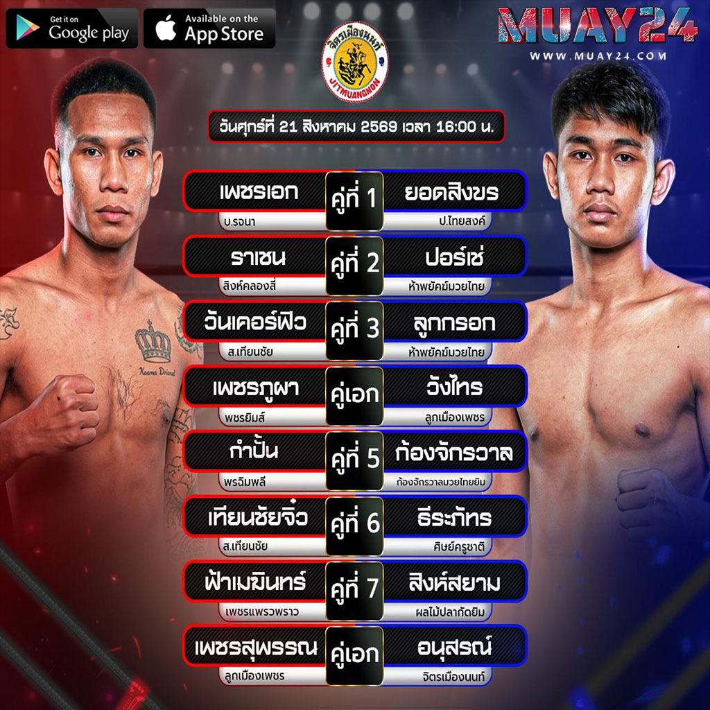 โปรแกรมมวย 21 สิงหาคม 2569 ศึกจิตรเมืองนนท์