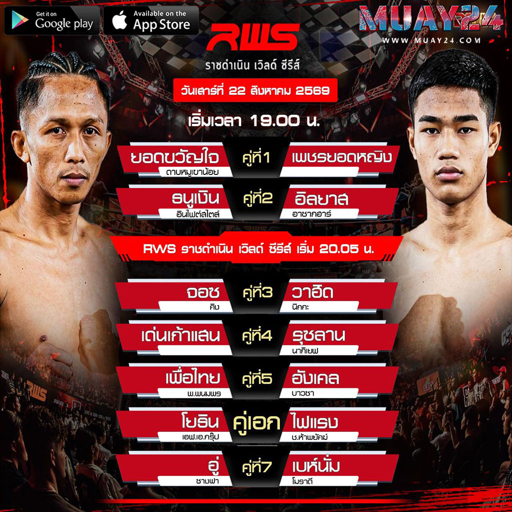 โปรแกรมมวย 22 สิงหาคม 2569 ศึก RWS ราชดำเนิน