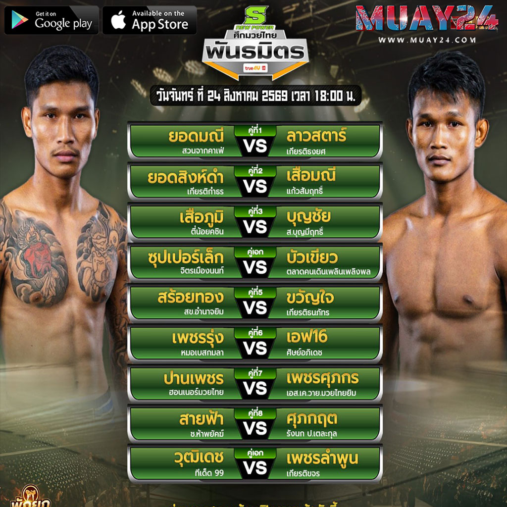 โปรแกรมมวย 24 สิงหาคม 2569 ศึกมวยไทยพันธมิตร
