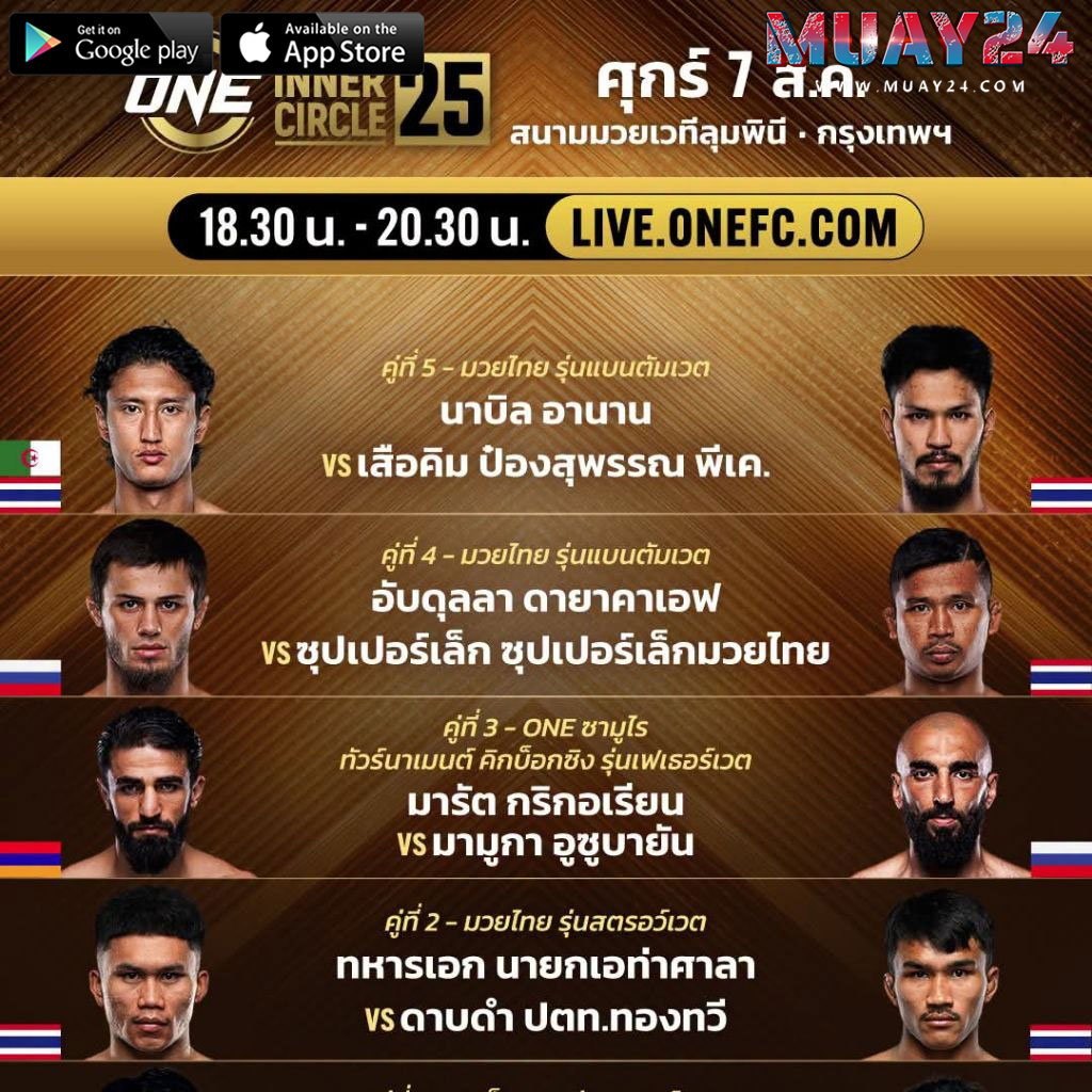 โปรแกรมมวย 7 สิงหาคม 2569 The Inner Circle 25