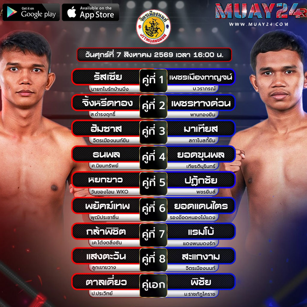 โปรแกรมมวย 7 สิงหาคม 2569 ศึกจิตรเมืองนนท์